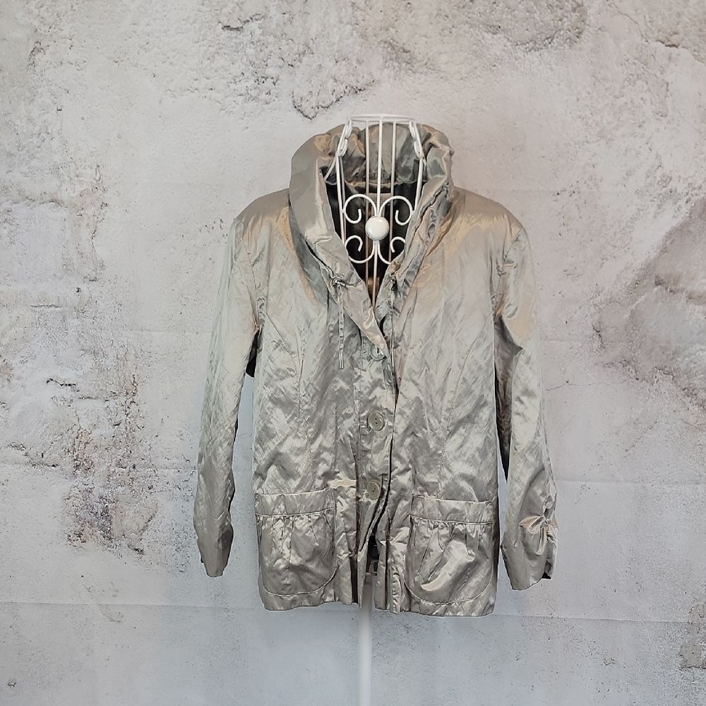 Chico's Jacket Blazer Crinkled Cotton Silver Metallic Womens Size L
